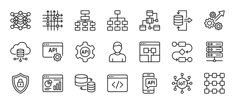 Set of thin line technology vector icons representing API, database, cloud computing, neural network, and software development concepts in a minimalist outline style