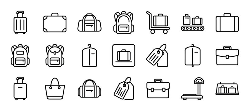 Luggage and travel black line icon set with suitcases, backpacks, baggage claim, and weighing scales for airport and tourism concepts in a minimalist vector graphic style