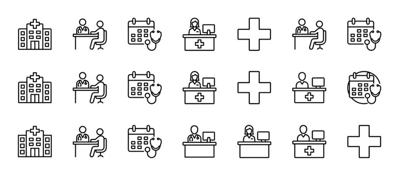 Set of minimalist black line icons for medical and healthcare themes, featuring a hospital, doctor consulting a patient, appointment calendar, receptionist, and a cross symbol