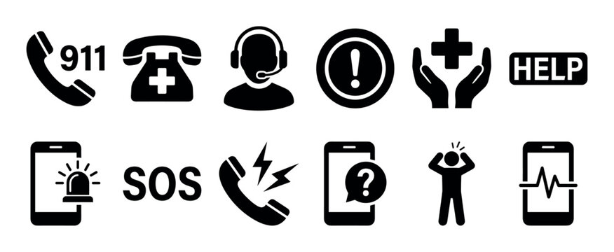 Collection of black emergency service icons representing help, support, and urgent communication, featuring symbols for 911 calls, medical assistance, SOS, and crisis hotlines