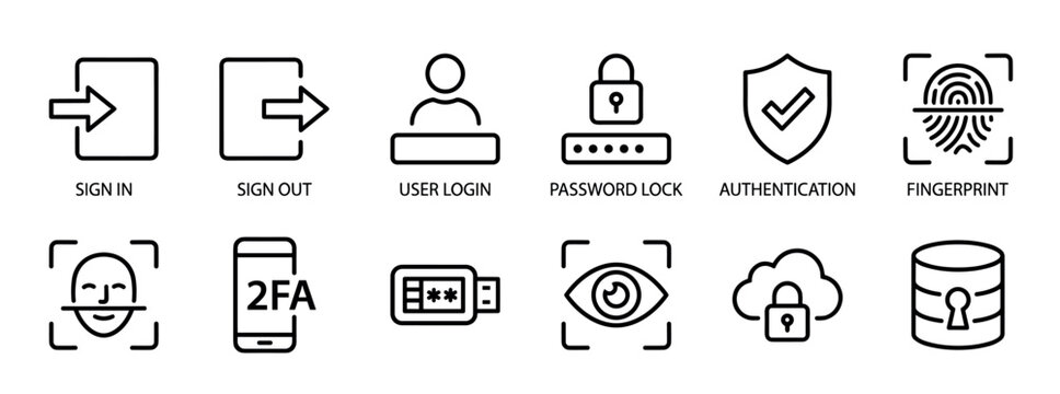 Set of black line icons for user authentication and cybersecurity includes symbols for login, password, fingerprint scan, face recognition, 2FA, and cloud data protection