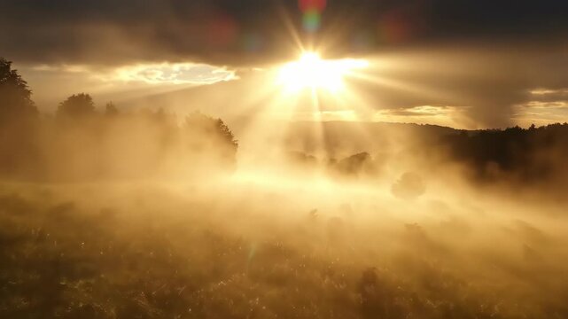 Cinematic 4K aerial footage of golden sunrise sunburst through morning mist over foggy field