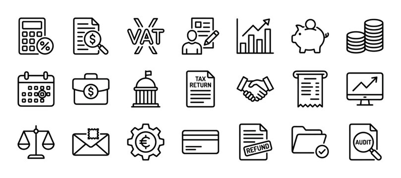 Collection of black line art icons representing finance, accounting, and tax concepts like audit, refund, VAT, and investment, presented as a minimalist vector symbol set for business