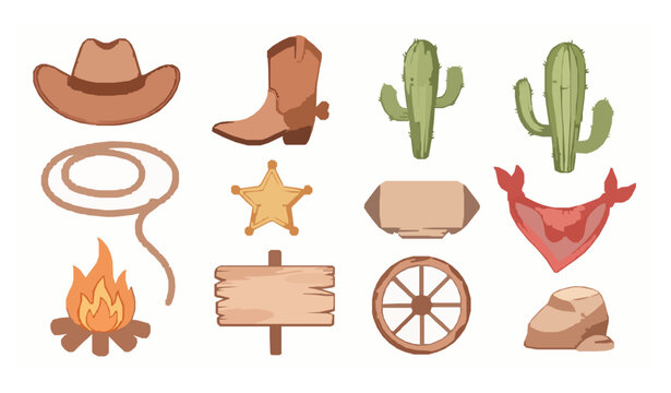 Cute watercolor wild west cowboy cartoon clip art set with desert western objects isolated on white