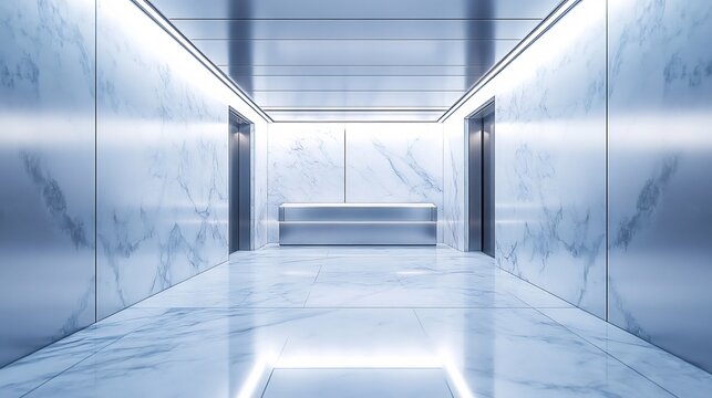 Modern marble clad industrial elevator interior with sleek lighting and reflective floor