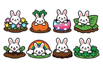Obraz premium A collection of cute cartoon white bunnies in various nature themed settings and playful scenes