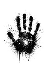 Fototapeta premium A black handprint with paint splatters on a white background, symbolizing artistic expression and creativity