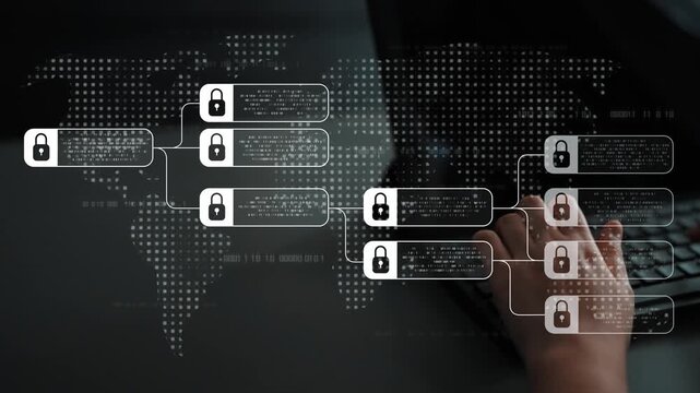 Blockchain structure showing distributed data blocks linked with encryption, representing secure transaction verification, decentralized control, and immutable record system Marrow