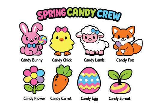 A collection of cute spring candy crew characters featuring animals and festive easter objects
