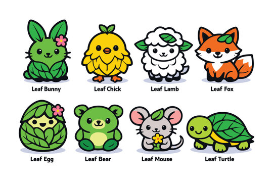 A collection of cute cartoon animals and nature inspired characters with leaf themed elements