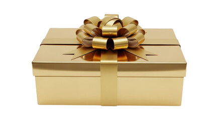 Elegant gold gift box with ribbon and bow, isolated, a luxurious cut out