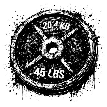 Grunge-style weight plate with 20.4 kg and 45 lbs text, fitness and workout concept