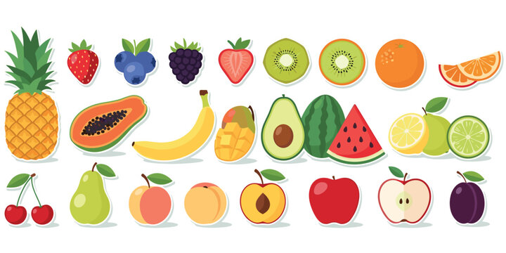 Fruit assortment illustration, colorful tropical and seasonal fruits pineapple strawberry mango avocado watermelon apple pear, food design vector artwork