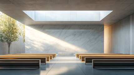 Obraz premium Modern minimalist church interior with marble walls and wooden pews under natural light