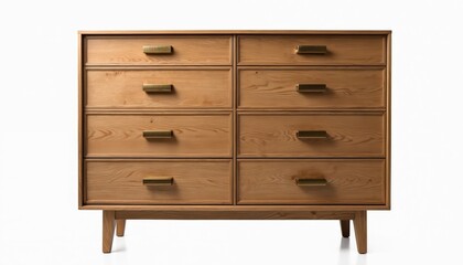 Fototapeta premium Light brown oak chest of drawers with gold handles. This dresser has eight drawers for storage. Modern wood furniture for bedroom decor. Natural grain texture is visible. Simple clean lines.