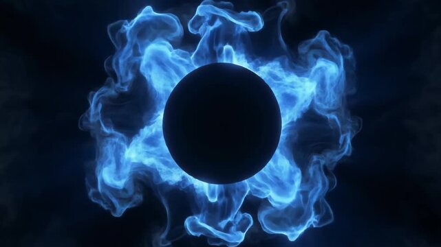 Glowing blue flames surrounding a black circle on dark backg