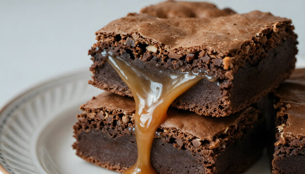 An ultra-detailed macro shot of stacked butterscotch brownies featuring a rich, glossy caramel layer slowly dripping over the edges. Presented on an ornate plate against a soft gray backdrop, photo