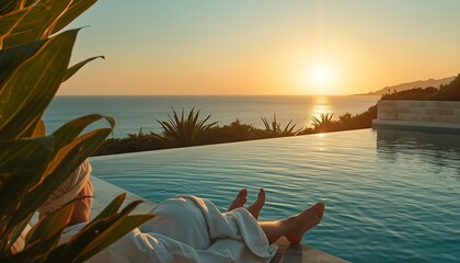 Obraz na płótnie Canvas A person relaxes by a luxurious infinity pool overlooking the ocean at a beautiful sunset.