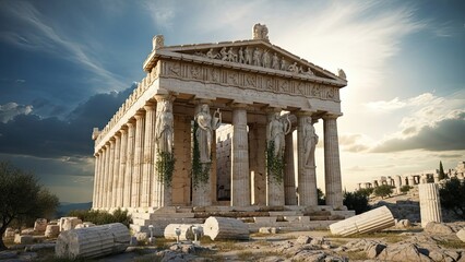 Obraz premium Majestic Greek temple ruins standing proudly against a captivating sky landscape