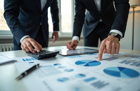 Two men in suits review financial charts and graphs on a desk. One uses a calculator, the other points to data on a tablet. Teamwork planning business growth with analytics.