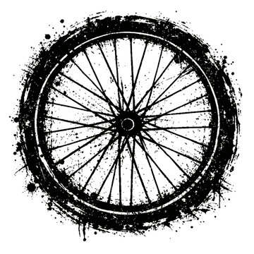 A black and white illustration of a bicycle wheel with a grunge effect, bicycle wheel with grunge texture, bike wheel design element