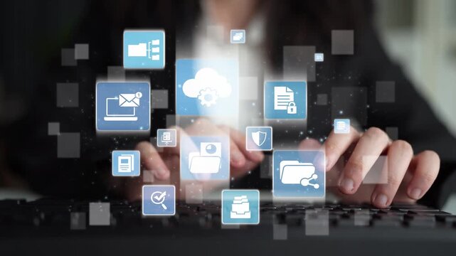 Concept design of managing online documents with cloud storage, digital file management, and secure sharing. Online documents improve workflow, online documents enhance security. Funnel