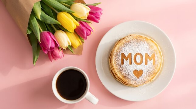 Stack of delicious pancakes dusted with powdered sugar spelling out MOM with a heart next to a cup of coffee and a bouquet of colorful tulips breakfast morning flowers celebration