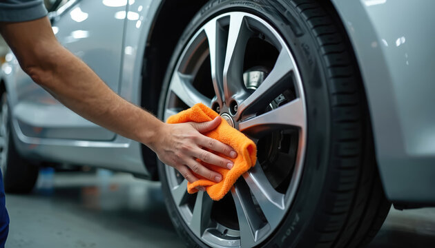 Man cleans car wheel rim with orange cloth. Auto detailer polishes alloy wheel spokes in workshop. Car care professional restores vehicle shine.