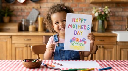 A smiling child proudly holds up a colorful hand drawn card with Happy Mother's Day written in vibrant letters and a cheerful floral design happy mothers day drawing flowers