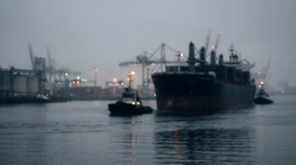 Fototapeta premium Large cargo ship being guided into port by tugboats on a foggy day