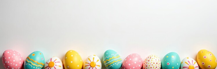 Fototapeta premium Row of colorful painted Easter eggs arranged on white surface. Decorative eggs feature varied patterns like dots and stripes. Empty space above for text messages, event details or promotions.