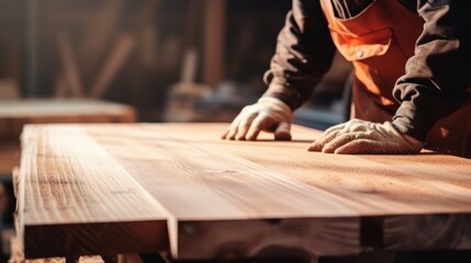 Obraz premium close up man owner a small furniture business is preparing wood for production. carpenter male is adjust wood to the desired size. architect, designer
