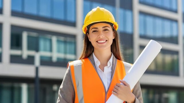 Female construction worker in hard hat and safety vest holding blueprints