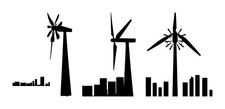 Vertical axis wind turbine set with a solid black silhouette featuring a modern design, urban energy harvesting, and a geometric shape with a white background