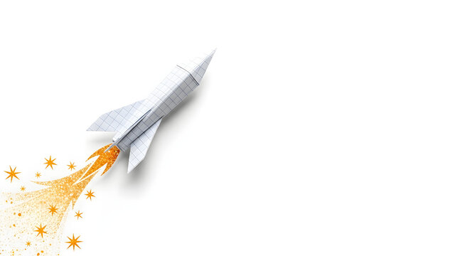 Paper rocket ship launching with orange starry trail symbolizing startup business growth innovation and ambitious future goals on white background