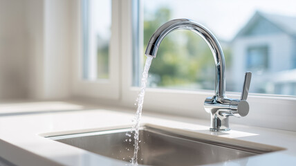 明るいキッチンの水回りと機能的なシングルレバー混合栓（インテリア・ライフスタイル）