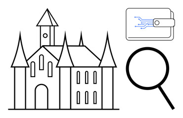Naklejka premium Magnifying glass beside a medieval castle and digital wallet outline highlights discovery, history, research, technology, digital payments, heritage analytics, and progress. Ideal for simple flat