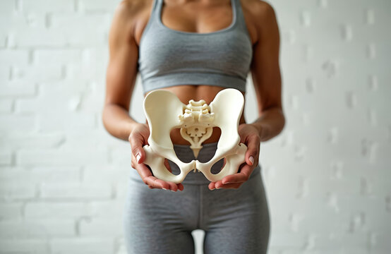 Fit woman holds pelvis model showing bone structure. Focus on female anatomy reproductive health and core body strength. Explains pelvic floor muscles important for wellness.