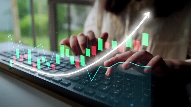 A person is engaged in typing on a keyboard, with graphical data elements indicating growth and analysis, creating an inspiring business atmosphere. Copula
