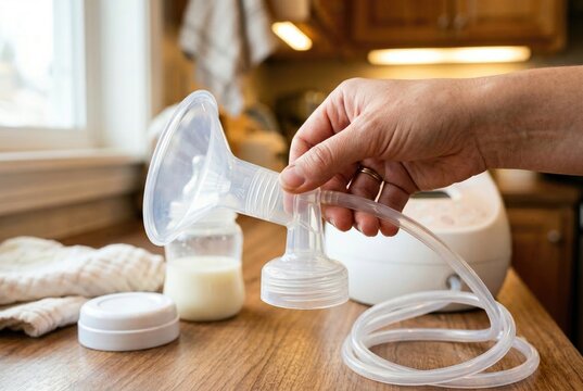 Mother holding breast pump flange part near electric pumping machine in kitchen