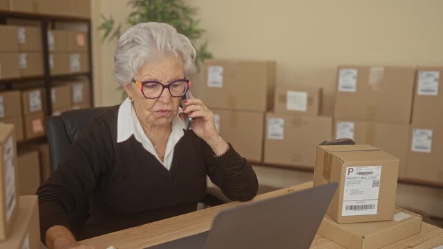 Elderly woman on phone points finger to laptop beside labeled shipping boxes in a small business building; quiet determination.
