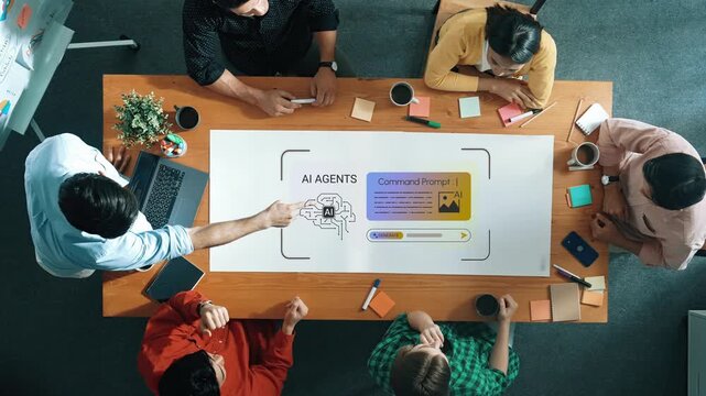 Team Collaboration on AI Strategy and Command Prompt in Modern Office Environment with Diverse Professionals Engaged in Creative Discussion Gluon.