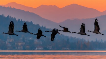 Fototapeta premium Flock of cranes flying over mountain lake at sunset