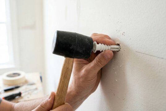 Hand using a rubber mallet to gently tap a white plastic wall anchor into a drilled hole