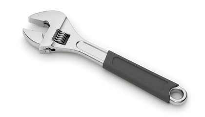 Obraz premium Shiny chrome adjustable wrench with black handle on a clean white background, ready for mechanical tasks.