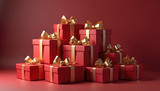 Stack of red gift boxes with gold ribbons. Festive presents for holidays like Christmas and birthdays. Celebration surprise packages for special occasions. Joyful unopened gifts ready for giving.