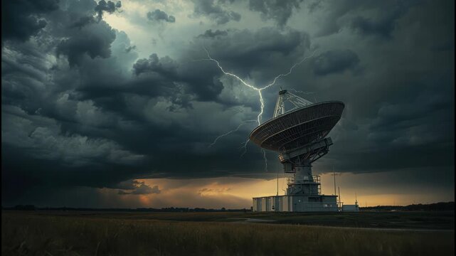 Radio telescope and antenna beneath storm cloud lightning with dramatic sky and evening light