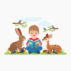Naklejka premium Boy reads book to forest animals, rabbit, deer, and birds in nature.