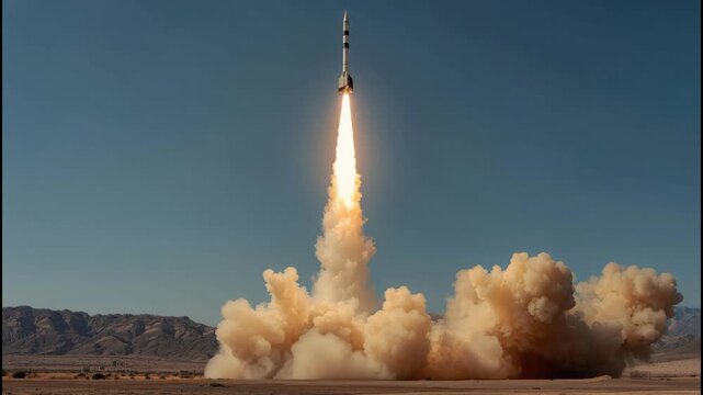 Desert rocket launch with bright plume and billowing smoke dramatic ascent from mountain pad with