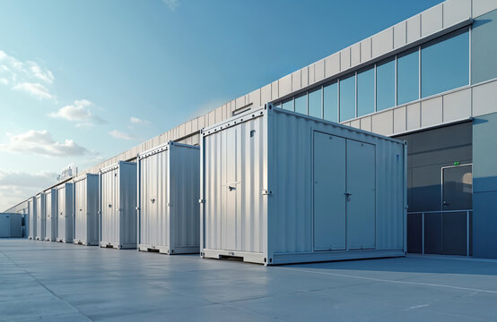 Modern modular battery containers sit outside a contemporary building. These energy storage units provide reliable power solutions for data centers and smart city infrastructure.